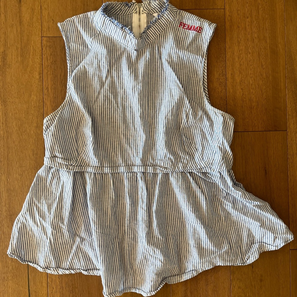 GUESS Blue & White Striped Peplum FEMME embroidered top